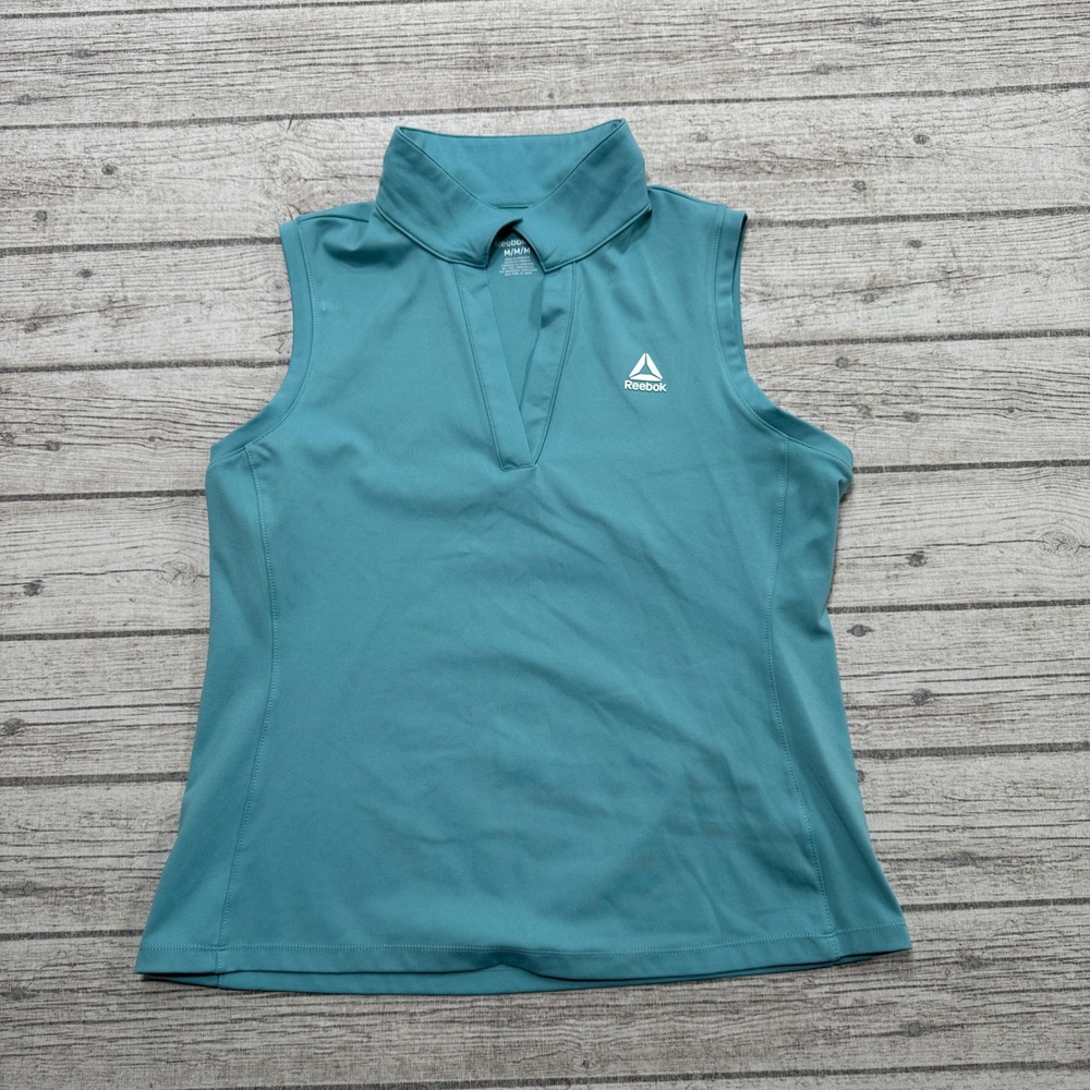 Reebok Polo Shirt Womens Medium Teal Blue V-Neck Athletic Sleeveless Tennis Golf